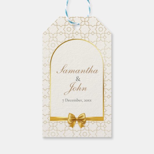 Gold Geometric Bow Wedding Favor Cadeaulabel (Achterkant)
