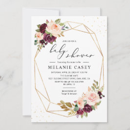 Gold Geometric Burgundy Blush Floral Baby shower Kaart