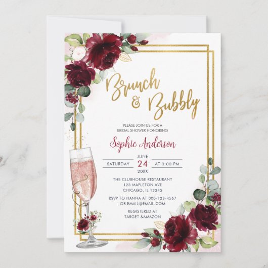 Gold Geometric Burgundy Floral Brunch en brabbel Kaart (Voorkant)