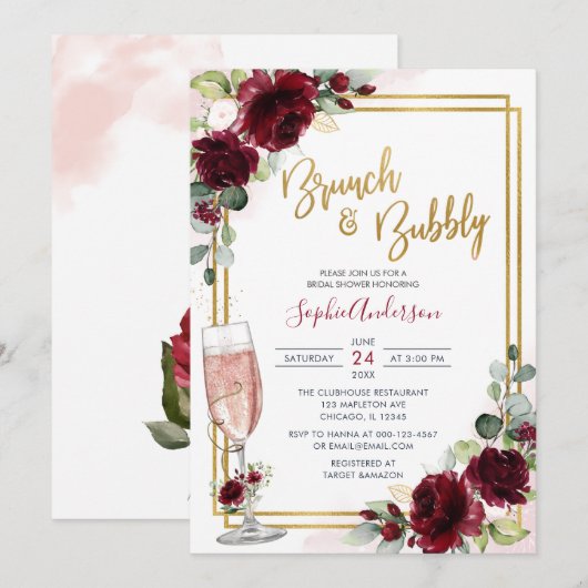 Gold Geometric Burgundy Floral Brunch en brabbel Kaart (Voorkant / Achterkant)