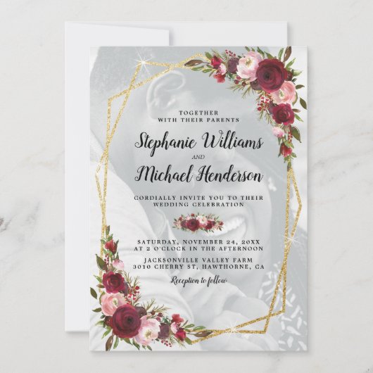 Gold Geometric Burgundy Floral Photo Wedding Kaart (Voorkant)