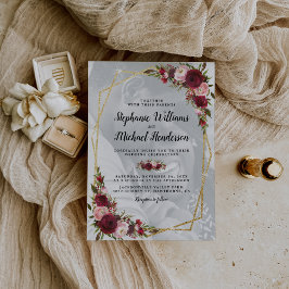 Gold Geometric Burgundy Floral Photo Wedding Kaart