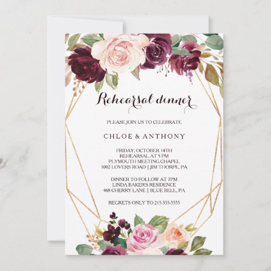 Gold Geometric Burgundy Floral Rehearsal Dinner Kaart (Voorkant)
