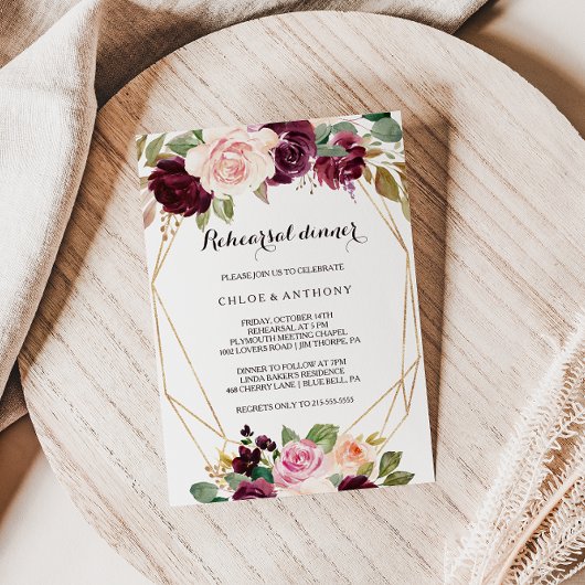 Gold Geometric Burgundy Floral Rehearsal Dinner Kaart