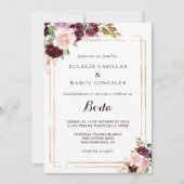 Gold Geometric Burgundy Floral Spain Wedding Kaart (Voorkant)