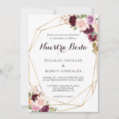 Gold Geometric Burgundy Floral Spain Wedding Kaart (Voorkant)