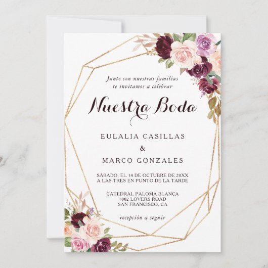 Gold Geometric Burgundy Floral Spain Wedding Kaart (Voorkant)