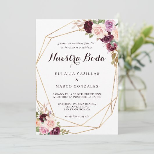 Gold Geometric Burgundy Floral Spain Wedding Kaart (Staand voorkant)