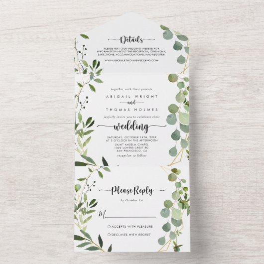 Gold Geometric Calligraphy Eucalyptus Wedding All In One Uitnodiging (Binnen)