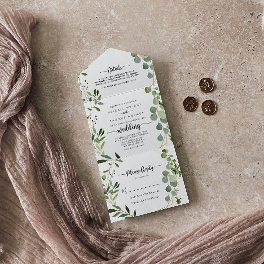 Gold Geometric Calligraphy Eucalyptus Wedding All In One Uitnodiging