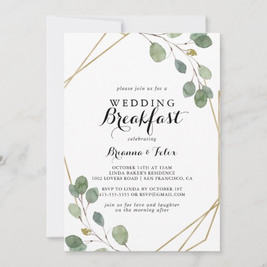 Gold Geometric Calligraphy Weddenschap Breakfast Kaart (Voorkant)
