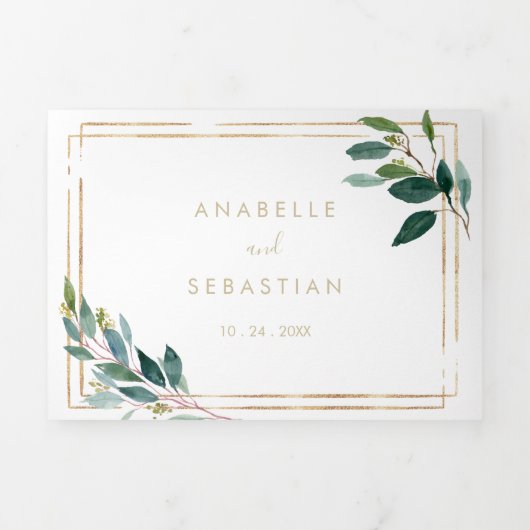 Gold Geometric Chic Eucalyptus Trifold Wedding Drieluik Uitnodiging (Cover)