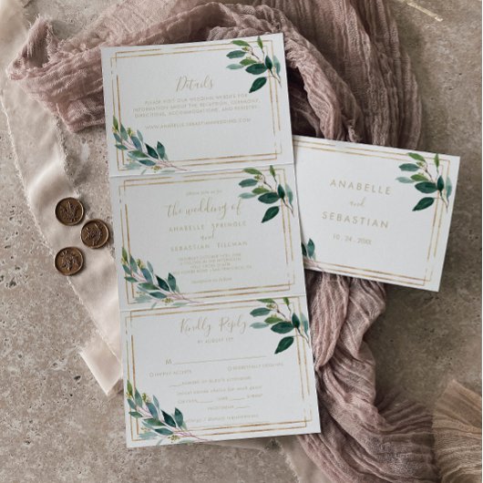 Gold Geometric Chic Eucalyptus Trifold Wedding Drieluik Uitnodiging