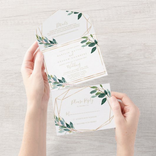 Gold Geometric Chic Eucalyptus Weddenschap All In One Uitnodiging (Afscheurbaar)