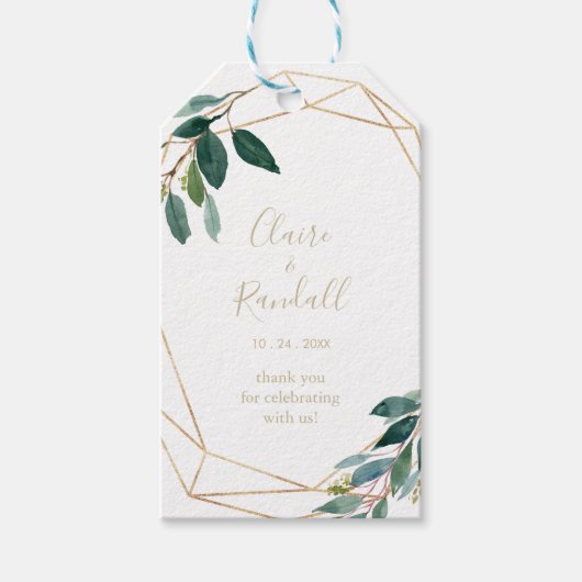 Gold Geometric Chic Eucalyptus Weddenschap Cadeaulabel (Voorkant)