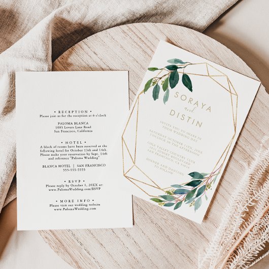 Gold Geometric Chic Foliage Back & Front Wedding Kaart