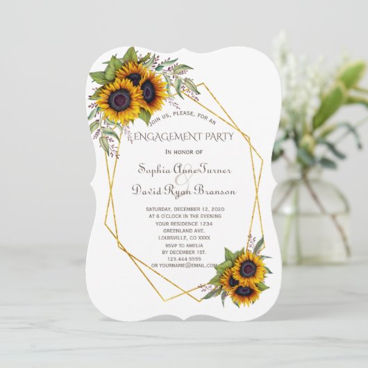 Gold Geometric Diamond Sunflower Engagement Party Kaart (Staand voorkant)