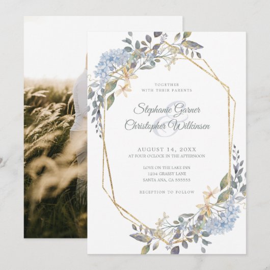 Gold Geometric Dusty Blue Floral Foto Weddenschap Kaart (Voorkant / Achterkant)