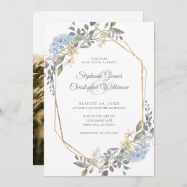 Gold Geometric Dusty Blue Floral Foto Weddenschap Kaart