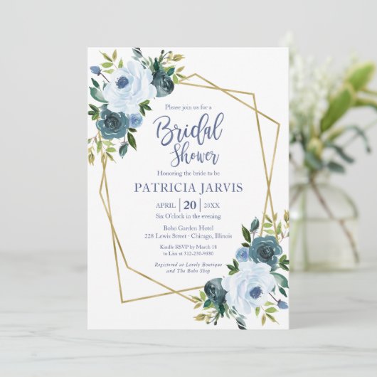Gold Geometric Dusty Blue Floral Vrijgezellenfeest Kaart (Staand voorkant)