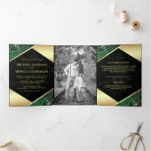 Gold Geometric Emerald Green Marble Photo Wedding Drieluik Uitnodiging (Binnen)