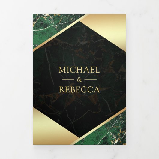 Gold Geometric Emerald Green Marble Photo Wedding Drieluik Uitnodiging (Cover)