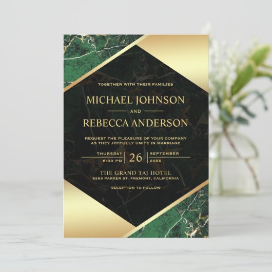 Gold Geometric Emerald Green Marble Photo Wedding Kaart (Staand voorkant)
