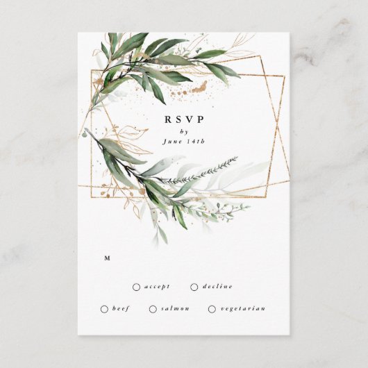 Gold Geometric Eucalyptus Elegant Greenery Moss RSVP Kaartje (Voorkant)