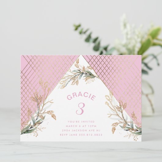 Gold Geometric Eucalyptus Elegant Party Roze Kaart (Staand voorkant)