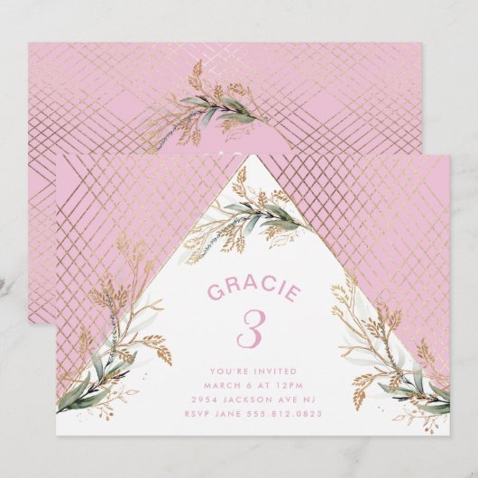Gold Geometric Eucalyptus Elegant Party Roze Kaart (Voorkant / Achterkant)