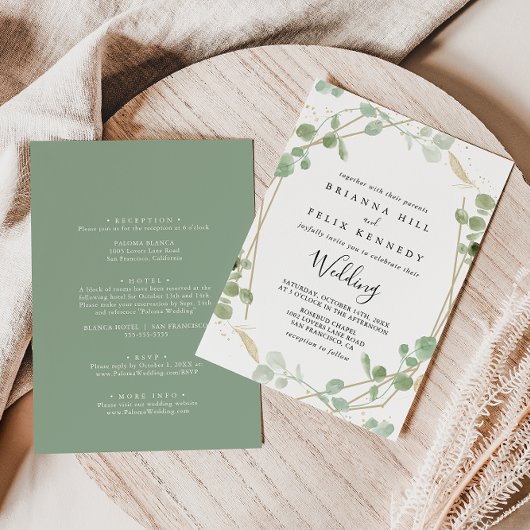 Gold Geometric Eucalyptus Front & Back Wedding Kaart