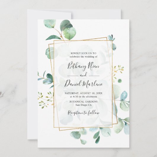 Gold Geometric Eucalyptus Greenery Wedding Kaart (Voorkant)