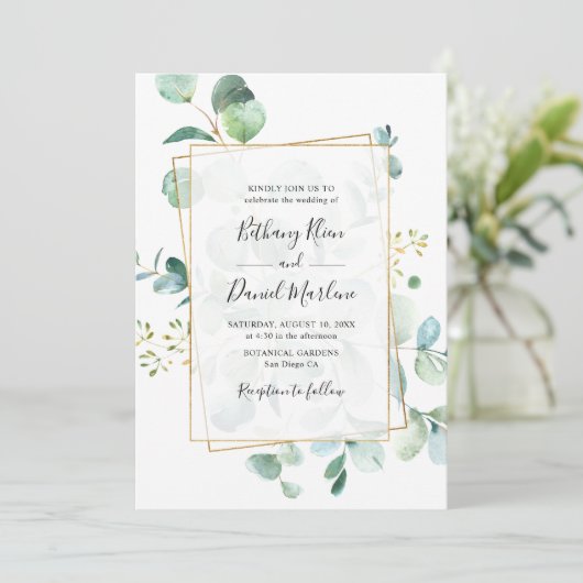 Gold Geometric Eucalyptus Greenery Wedding Kaart (Staand voorkant)