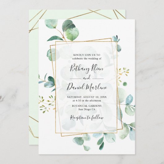 Gold Geometric Eucalyptus Greenery Wedding Kaart (Voorkant / Achterkant)