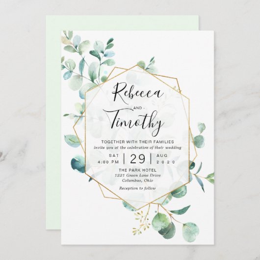 Gold Geometric Eucalyptus Greenery Wedding Kaart (Voorkant / Achterkant)