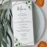 Gold Geometric Eucalyptus Greenery Wedding Menu<br><div class="desc">Dit aanpasbare menu is ontworpen om te coördineren met ons Moody Greenery bruiloft collectie en bevat een groen eucalyptus waterverf foliage met een gouden geometrische lijst met grijze tekst. Om geavanceerde veranderingen aan te brengen,  ga naar "klik om verder"optie aan te passen onder Personaliseer deze sjabloon.</div>