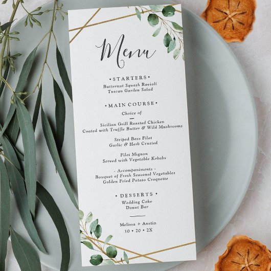 Gold Geometric Eucalyptus Greenery Wedding Menu