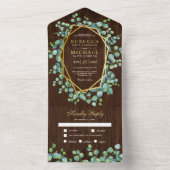 Gold Geometric Eucalyptus Leaves Wood Weddenschap All In One Uitnodiging (Binnen)