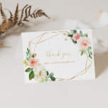 Gold Geometric Floral Vrijgezellenfeest Hartelijk  Bedankkaart<br><div class="desc">Dit gouden geometrische florale vrijgezellenfeest is perfect voor een modern vrijgezellenfeest. Het ontwerp is voorzien van mooie witte, roze en bloze handbeschilderde rozen en een aanraking van groen, die gouden geometrische lijsten aanpast, die artistieke schoonheid inspireren. Deze kaarten kunnen voor een bruiloft, een vrijgezellenfeest of een speciale gebeurtenis worden gebruikt....</div>