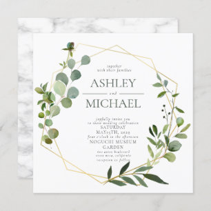 GOLD GEOMETRIC FOLIAGE Square Marble Wedding Kaart