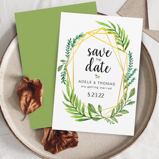 Gold Geometric Foliage Wedding Save the Date Kaart