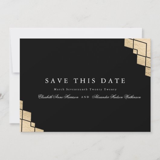 Gold Geometric Gatsby Calligrafie Foto Save The Date (Voorkant)