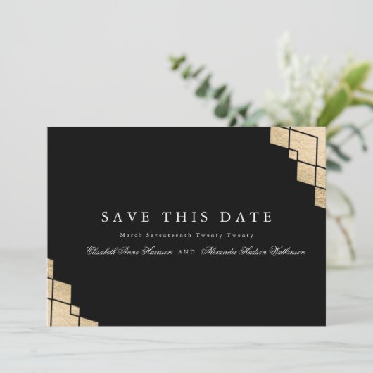 Gold Geometric Gatsby Calligrafie Foto Save The Date (Staand voorkant)