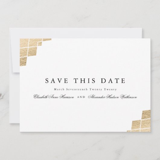 Gold Geometric Gatsby Calligrafie Foto Save The Date (Voorkant)