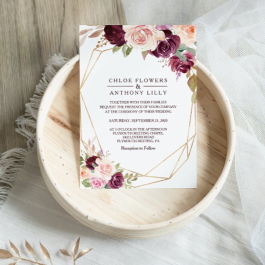 Gold Geometric Green Blush Burgundy Floral Wedding Kaart