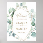 Gold Geometric Green Foliage Weddenschap Welkomstt Poster (Voorkant)