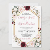 Gold Geometric Greenery Burgundy Wedding Kaart (Voorkant)