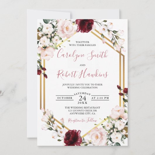 Gold Geometric Greenery Burgundy Wedding Kaart (Voorkant)