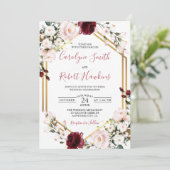 Gold Geometric Greenery Burgundy Wedding Kaart (Staand voorkant)