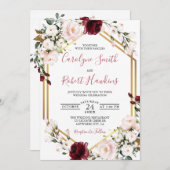 Gold Geometric Greenery Burgundy Wedding Kaart (Voorkant / Achterkant)